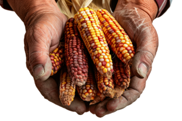 Farmer's hands holding dry corn cobs,Isolated on a transparent background.