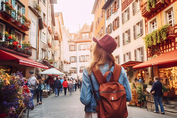 A woman walks down the city street with a backpack in the morning - obrazy, fototapety, plakaty