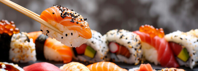  Japanese salmon nigiri taken by chopstick and sushi pieces on the background. - obrazy, fototapety, plakaty