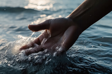 A mans hand tenderly reaches out to touch the water, connecting with natures serenity and tranquility in a harmonious moment of contemplation.