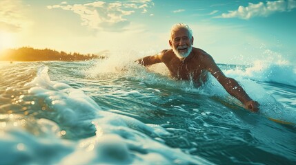 Active senior man surfing at the ocean. An adventurous senior man catching the perfect wave at dusk. - obrazy, fototapety, plakaty