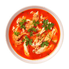 Delicious tomato soup with carrot and chicken in a bowl isolated on transparent background Remove png, Clipping Path, pen tool