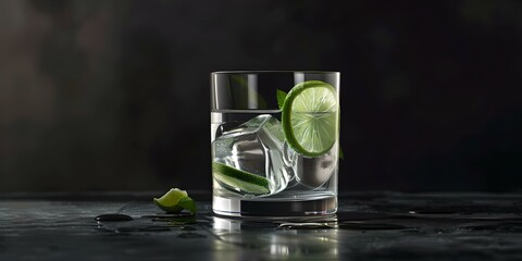 Refreshing glass of water with ice and lime on a dark background. ideal for hydration and summer themes. hydration made appealing. AI