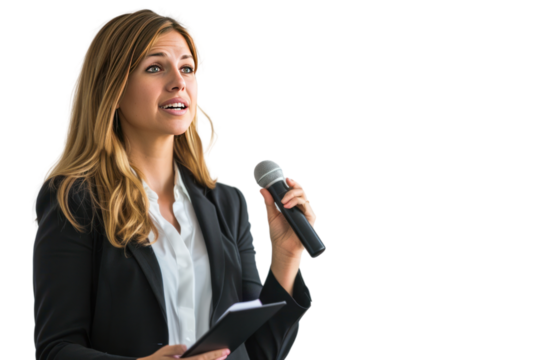 Business woman giving a confident presentation, woman leading, effective presentation skills and persuasion with confidence,Isolated on a transparent background.
