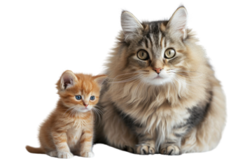 large fluffy cat with big eyes sits next to a small orange kitten. Mother cat and little kittens,Isolated on a transparent background.