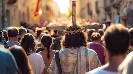 People carrying Jesus cross. Holy Week Procession - obrazy, fototapety, plakaty