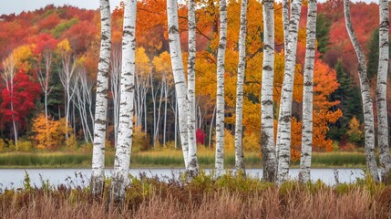 A cluster of birch trees with their white bark contrasting against the fiery colors of surrounding autumn foliage, creating a striking visual display.