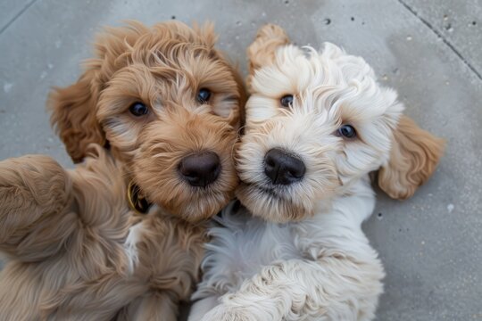 Two adorable puppies snuggled close together on a sidewalk, displaying affection and comfort towards each other.