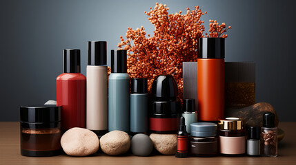 Beauty product display: Stylish arrangement of beauty products.