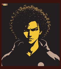 Front portrait of handsome guy with curly hair. Young dark haired guy. Avatar for social networks. Fashion and beauty. Bright vector illustration in flat style.