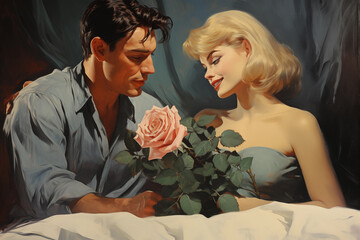 bride and groom with roses illustration