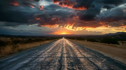 Stunning road to sunset: a majestic skyscape and open highway. cinematic landscape with dramatic sky, limitless journey concept. AI