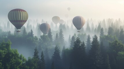 A cluster of hot air balloons soaring above a misty forest. - obrazy, fototapety, plakaty