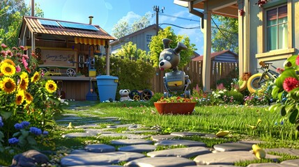 A robot dog in the yard. Private two-storey house with solar panels on the roof. Summer sunny day. A glimpse into the future: robot dog in a sustainable home.