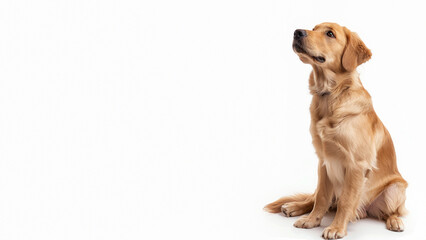 An attentive and well-behaved Golden Retriever dog sits looking upwards with a soft, intelligent expression on a white background