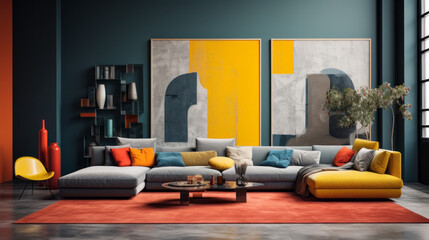 A modern living room with an amazing color blocked wall
