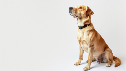 A loyal Labrador dog sits with a thoughtful expression, gazing into the distance, isolated on a white studio background