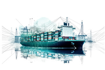 An industrial marine vessel laden with cargo containers, illustrating international freight transportation. Suitable for poster, brochure, or flyer design purposes.
