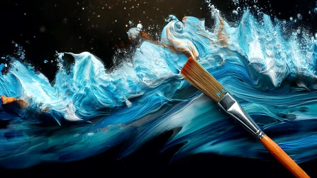 Splash of watercolor with paintbrush on dark background. Seamless looping time-lapse 4k video animation background