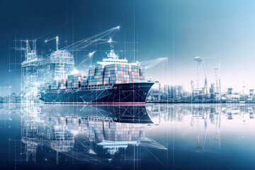 Obraz premium An industrial marine vessel laden with cargo containers, illustrating international freight transportation. Suitable for poster, brochure, or flyer design purposes.