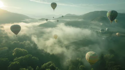 Zelfklevend Fotobehang A cluster of hot air balloons drifting over a misty valley. © Its Yours Images