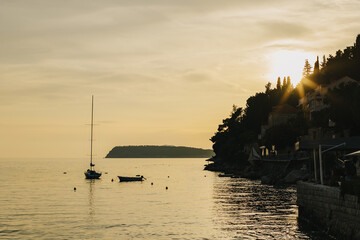 Amazing sunset and the Adriatic sea near Dubrovnik city, Croatia. Travel destination in Croatia.