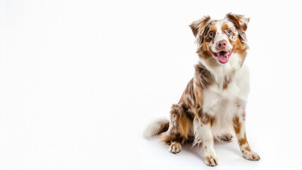 A cheerful merle colored Australian Shepherd dog smiles with a tongue out in a studio against white