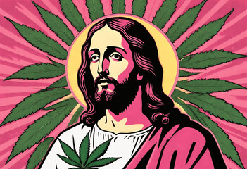 Naklejka na ściany i meble Jesus with marijuana. Pink background. Legalize concept. 