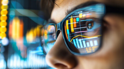 Macro shot of a woman wearing glasses with financial graphs and data analysis reflected in the lenses, concept of business insights