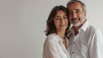 couple in love. A man and a woman, approximately 50 years old, hugging and looking happy on a white background. Family relationships and marriage. - obrazy, fototapety, plakaty