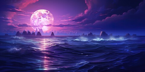 Digital artwork depicting a large moon rising over a stormy ocean with dynamic purple tones