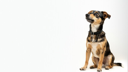 An adorable small dog with a hopeful gaze looking upward, possibly awaiting a treat or command