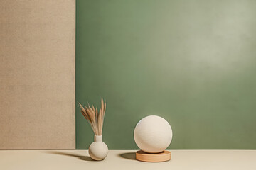 An abstract background featuring green and beige podiums, perfect for showcasing cosmetics with elegance and style.
