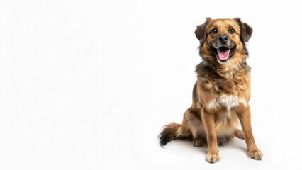 A small brown and black furry dog sits obliquely with its back turned, on a clean white backdrop