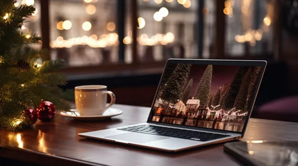 Foto op Plexiglas A laptop on a wooden table with a decorated Christmas tree on the background. © Ghazanfar