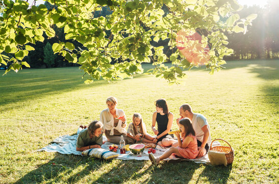 Big family under Linden tree on the picnic blanket on the in city park green grass. They are eating boiled corn, apples, peaches, pastries and watermelon. Family values and outdoor activities concept.
