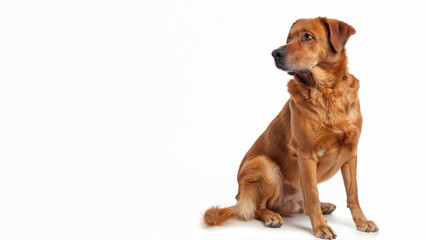 A golden brown dog sits with regal posture looking to the side, isolated on a white backdrop
