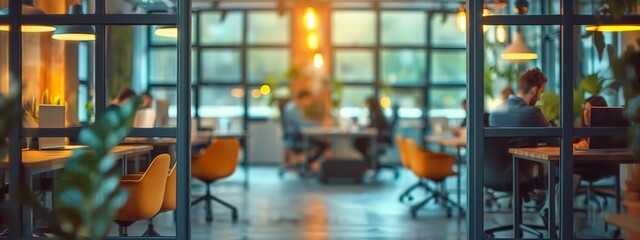 Business people at work in a busy luxury creative office space. Business people at work in a busy luxury creative office space. Blurred interior of modern office workplace.