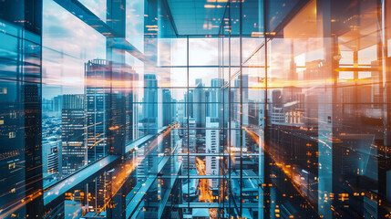 Reflective view from a modern office interior overlooking a bustling city during a vibrant sunset - obrazy, fototapety, plakaty