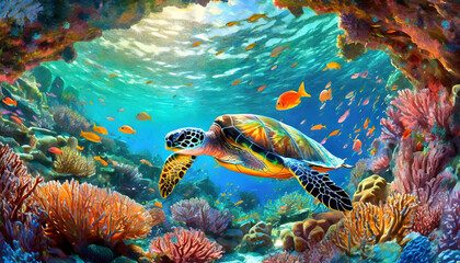 A coral reef where the turtle and schools of fish weave through vibrant coral arches