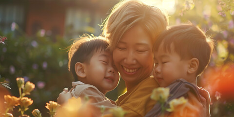 Single mother, motherhood concept. Happy asian woman embracing her two little kids outdoors.