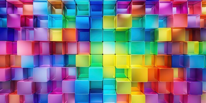 Colorful matrix of colored glass squares. Colorful eye-catching abstract background for creative and diverse content. Rainbow colored glass grid background.
