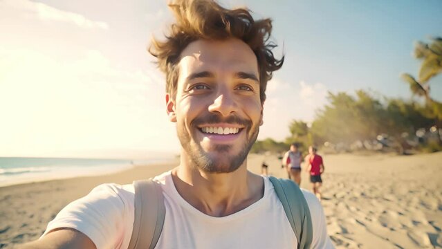 good looking male tourist. Enjoy free time outdoors near the sea on the beach. Looking at the camera while relaxing on a clear day Poses for travel selfies smiling happy tropical