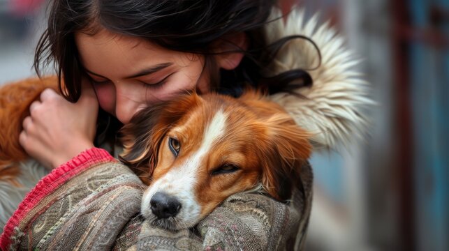 pretty young woman affectionately holds a dog in her arms, bond between humans and pets, pet lovers