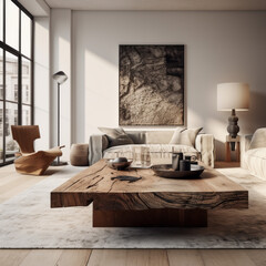 A modern living room featuring a recycled wood coffee table and upcycled wall art