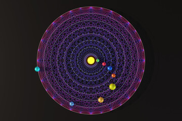 Eight colorful metallic spheres and white circles on circular purple line art in the dark background. Illustration of the concept of planets orbiting in the solar system © Dragon Claws