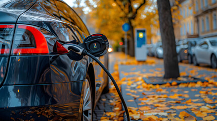 Charging Electric Cars on the Roadside in Spring: Embracing Sustainable Transportation Solutions Amidst Blossoming Nature. Experience the Harmony of Modern Technology.