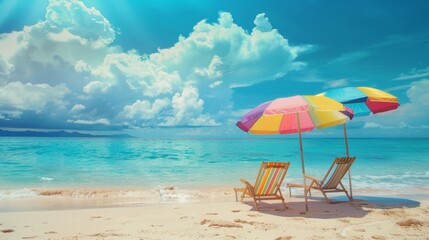 Beach chair with a colorful umbrella on the seashore, sunny summer day. Summer vacation, vacation and travel.