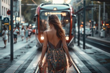 woman with long hair in a nice dress walking towards a tram in a city, in the style of modern design
