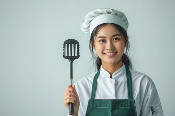 Female Chef in White Shirt Green Apron Holding Spatula Smiling at Camera